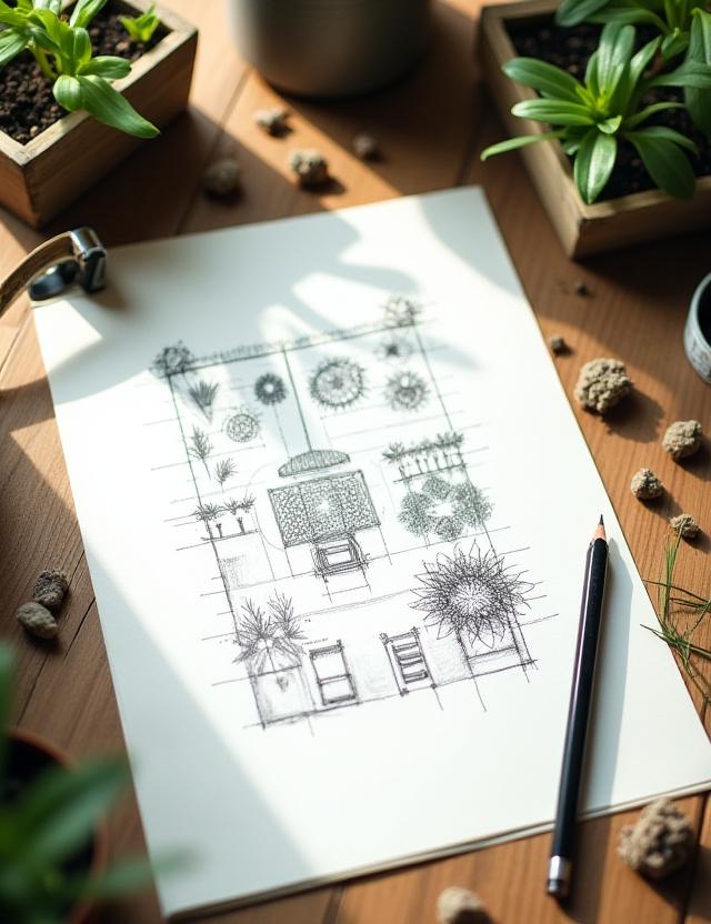 Schizzo a mano di un progetto di giardino accanto a campioni di piante e terra.