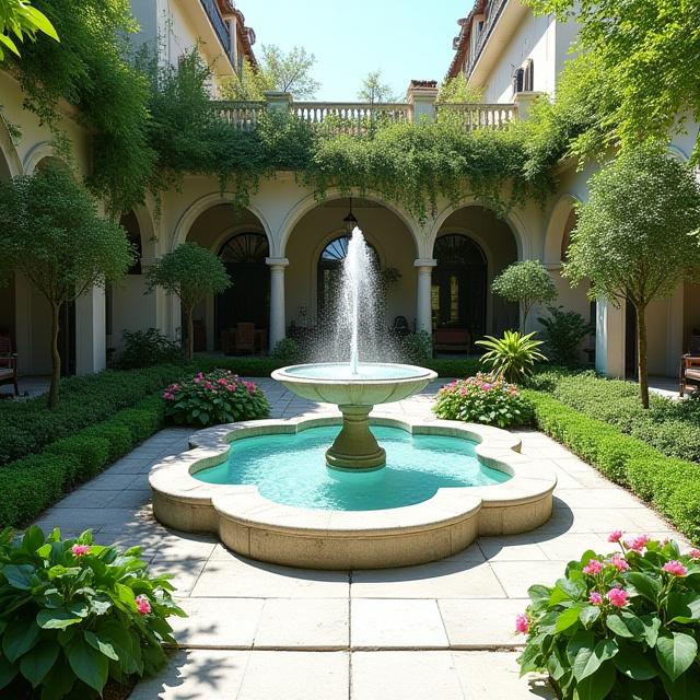 Lo stesso cortile trasformato in un'oasi verde con una fontana.