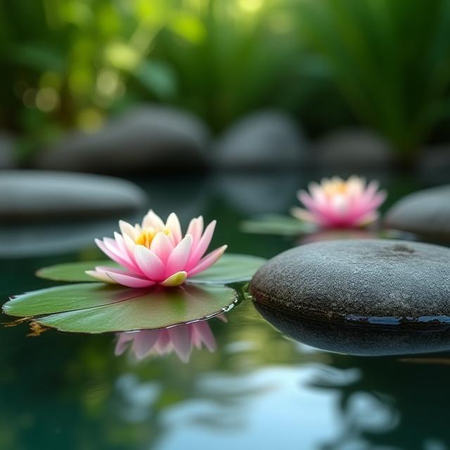 Un piccolo stagno con ninfee e pietre levigate in un giardino.