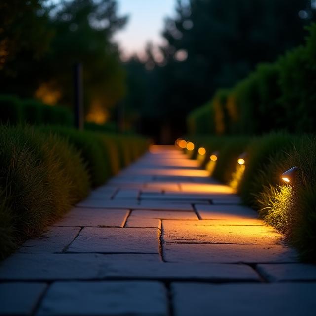 Un sentiero in pietra illuminato da faretti a LED in un giardino moderno.